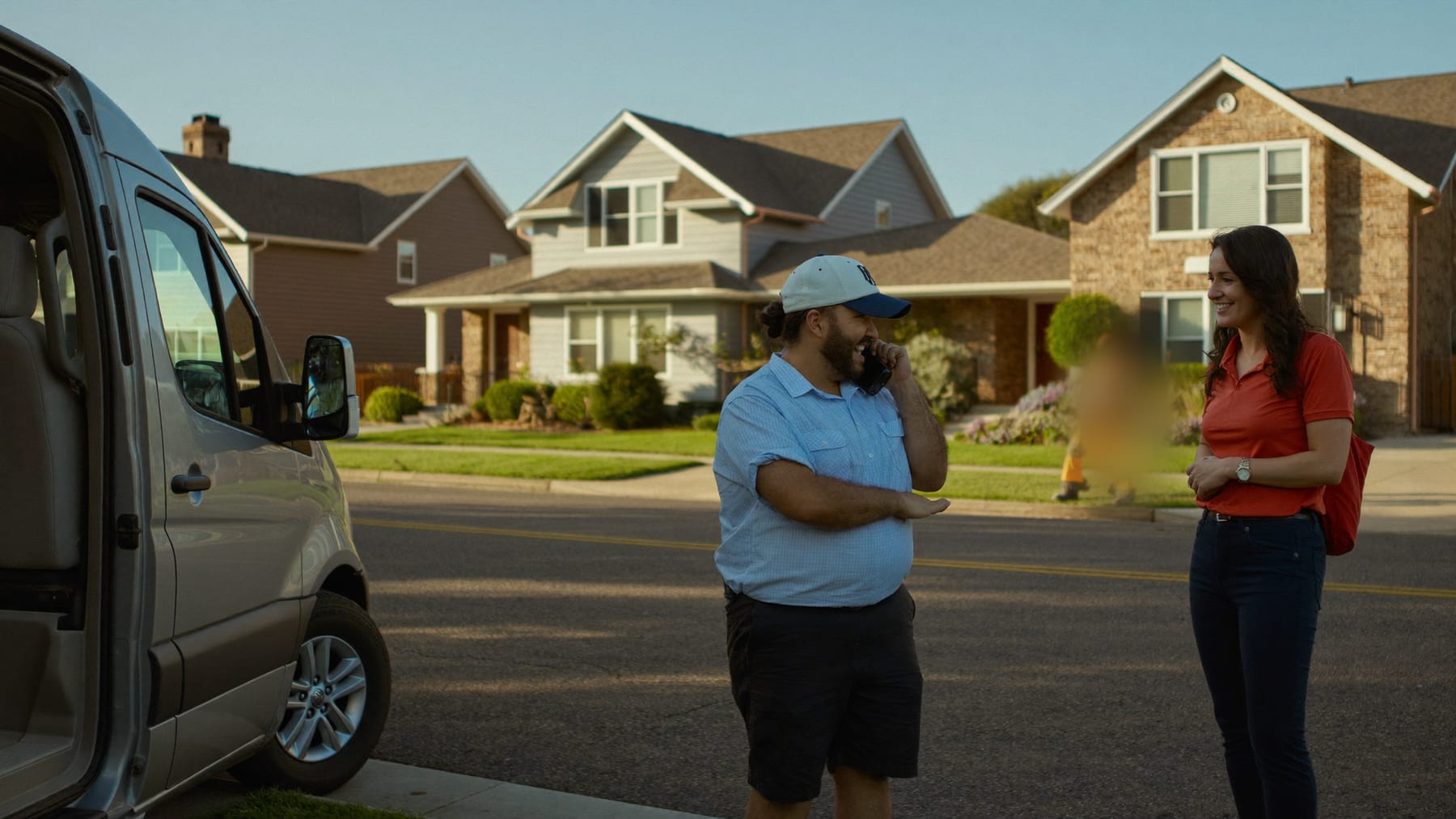 A property manager talking with a local contractor on a suburban street