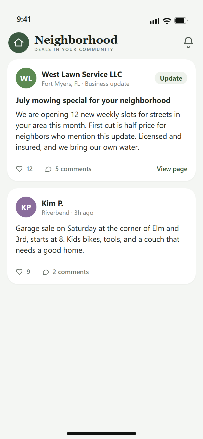 A West Lawn Service business update appearing in the resident neighborhood feed