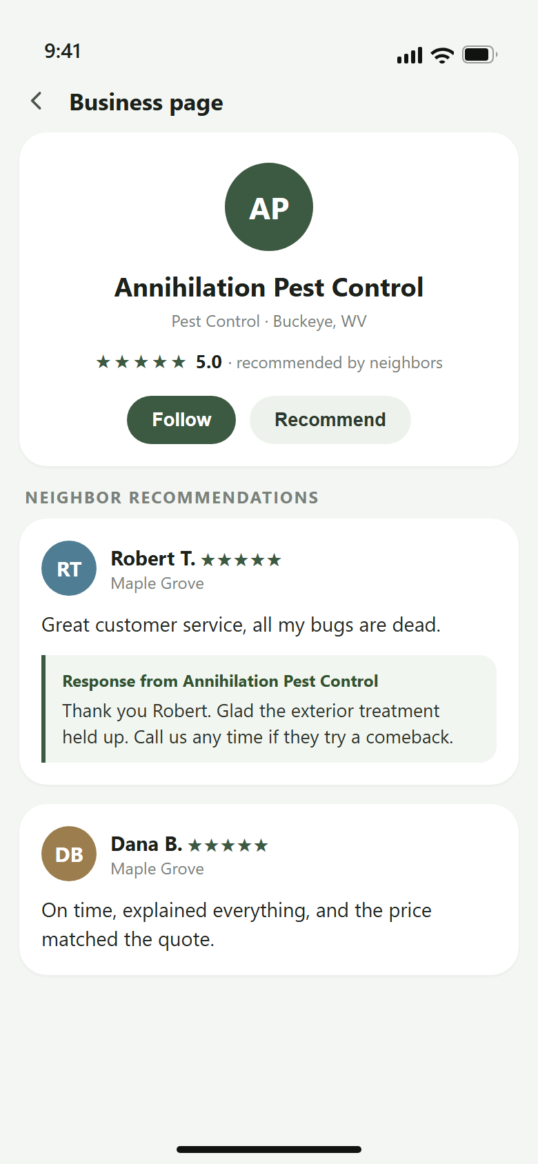 The Annihilation Pest Control business page showing a 5.0 rating, neighbor recommendations, and an owner response