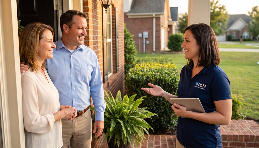 A DLM community manager talking with two homeowners on the front walkway of their home