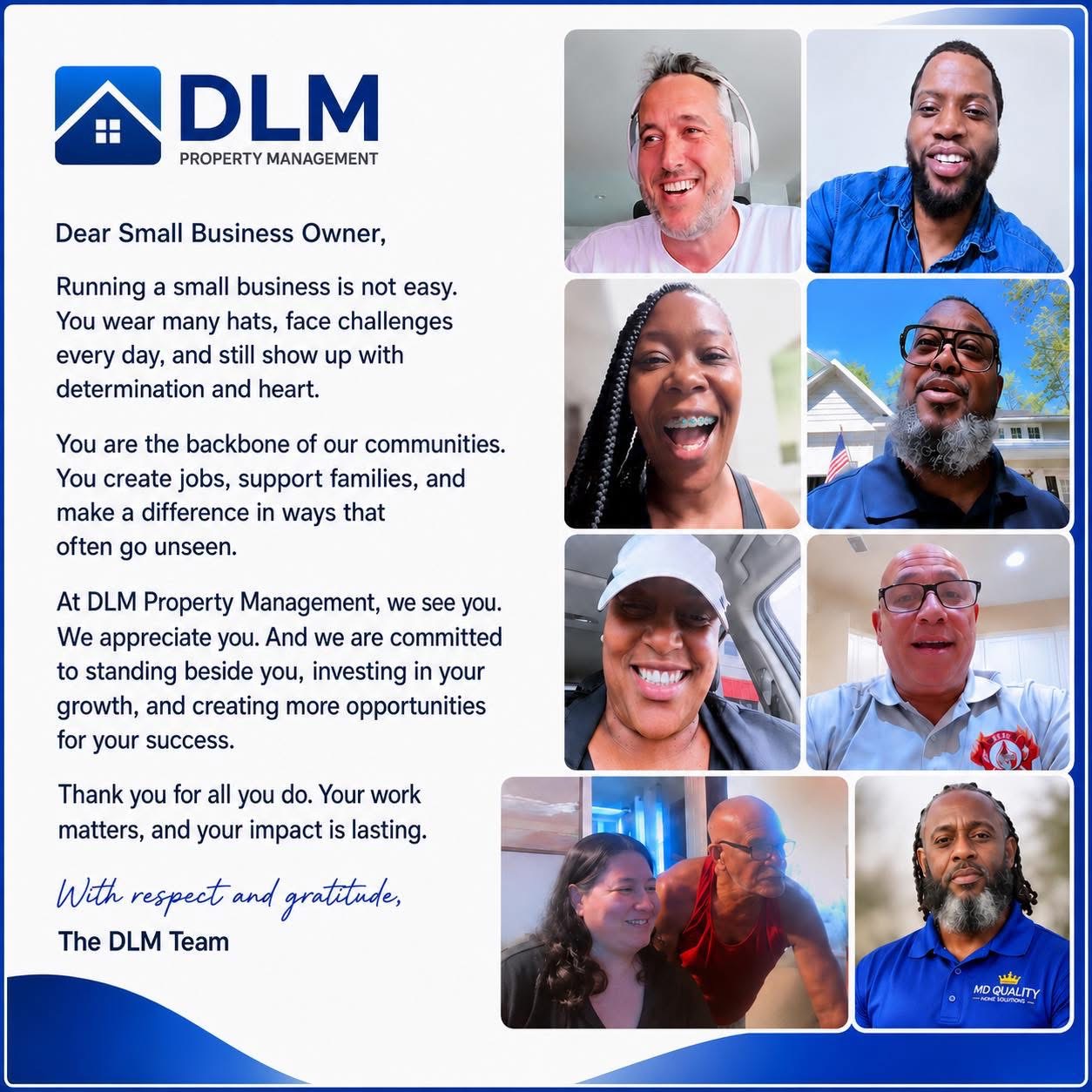 A letter from the DLM team thanking small business owners, alongside photos of business owners in our network
